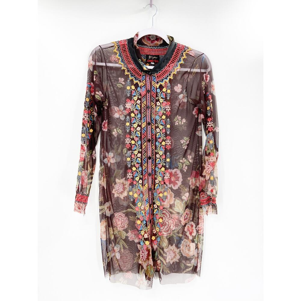 Biya Johnny Was Sheer Floral Embroidered Long Sleeve Button Front Duster Dress